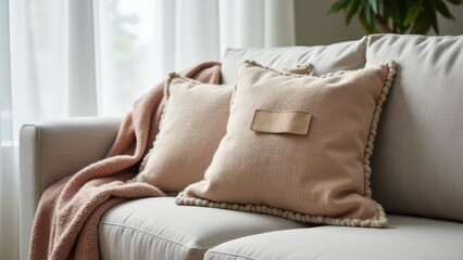 Beige throw pillows with pom-pom trim on a light gray sofa, accompanied by a matching pink blanket, creating a cozy and inviting living room setting.