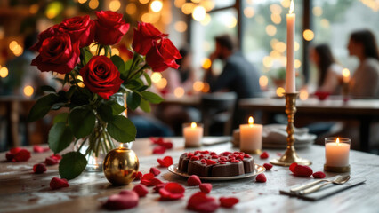 Romantic restaurant dinner with roses, candles, and desserts. The 14th of February. Happy Valentine's Day