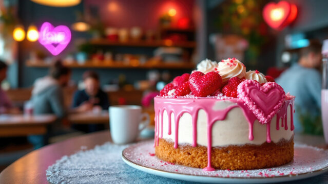 Heart-themed valentine's cake with pink icing in cozy cafe setting. The 14th of February. Happy Valentine's Day - Powered by Adobe