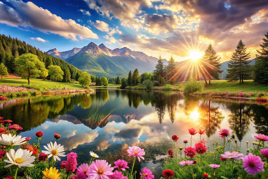 Majestic sunset over alpine lake, flowers, mountains