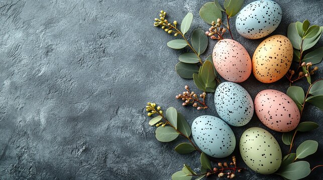 An elegant, spring-inspired Easter layout, captured in an overhead shot, showcases soft-hued eggs and fresh eucalyptus leaves on a sleek grey concrete surface, leaving space for text or ads.