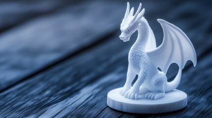 White Dragon Figurine on Wooden Table - Close-up of a small, white 3D-printed dragon figurine sitting on a dark wooden surface.  Elegant and detailed.