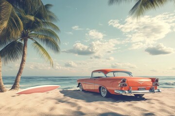 Classic Car by the Beach with Palm Trees and Surfboard Under a Beautiful Sky