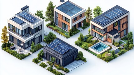 Modern Houses with Solar Panels, Isometric View, Eco-Friendly Homes, Background of Trees and Gardens, Stock Photo
