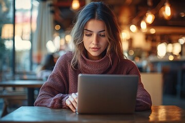 Fototapeta premium Focused woman working on laptop in modern cafe outdoor environment freelance entrepreneur serious young business professional