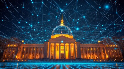 Parliament House Canberra Illuminated With Network Connections At Night, Digital Render