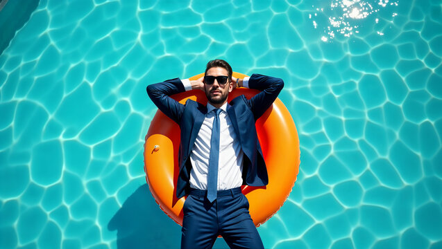 Man in suit relaxing on orange pool float showing the need to take breaks and prevent burnout