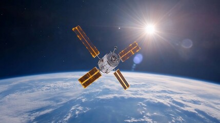 Satellite orbiting Earth with sun shining.