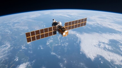 Spacecraft orbiting Earth, showcasing solar panels and Earth's curvature.