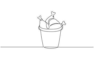 Fried crispy chicken legs, drumsticks in craft paper box vector one line continuous drawing, One continuous line draw hot delicious American fried chickens on basket restaurant logo emblem.