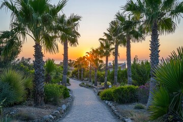 Fototapeta premium Typical summer background. Palm trees with an orange sunset in the background.