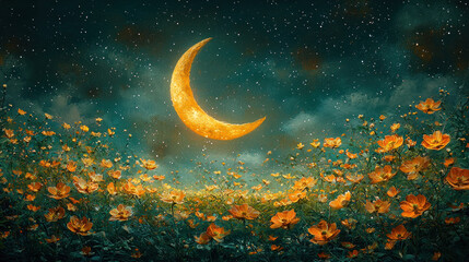 Fototapeta premium Crescent moon over a field of orange cosmos flowers at night