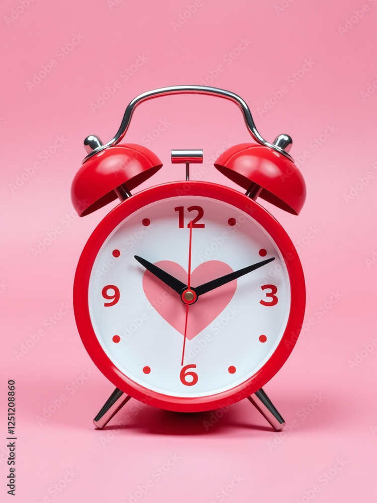 Poster a bright pink background showcases a bold red alarm clock with a heart design standing out for visua