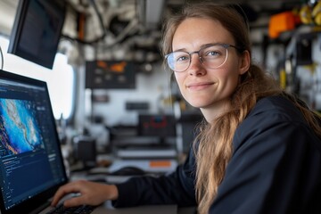 Smiling female scientist working on laptop, oceanographic research.