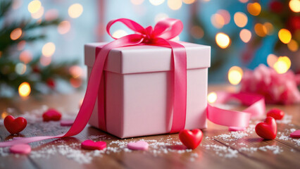 Obraz premium Festive pink ribbon gift box with hearts on wooden table during holiday season. The 14th of February. Happy Valentine's Day