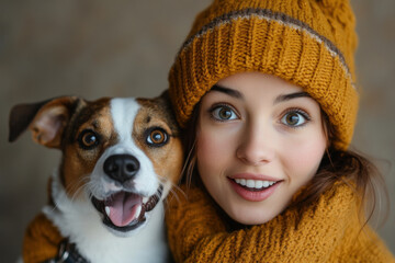 Woman in yellow sweater laughing with her dog in a sunny park, surrounded by colorful autumn leaves.
