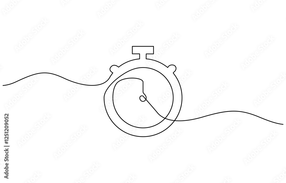 Poster stopwatch in one continuous single line art drawing, clock continuous line vector illustration ttme 
