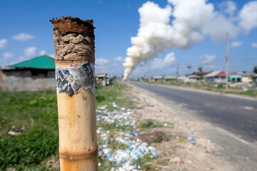 Pollution on land: Chemicals and waste. Polluted landscape with smoke and debris near a rural road.