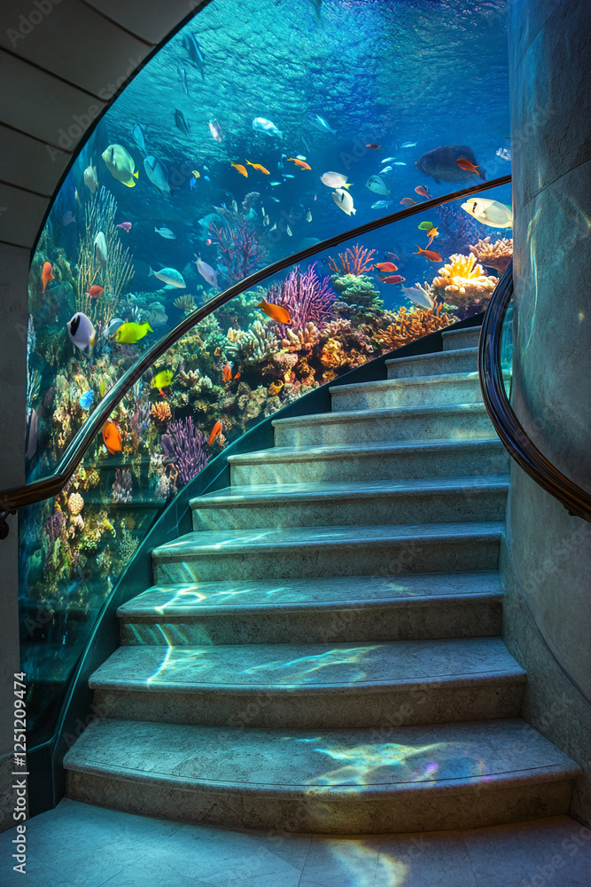 Poster staircase with a view of a colorful coral reef and tropical fish through an underwater glass wall, c