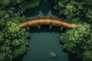Rustic Wooden Bridge over Tranquil River in Lush Green Forest with Ambient Light and Japanese Ink Painting Style