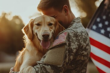 Soldier Embracing Golden Retriever with American Flag Background in Sunset Light
