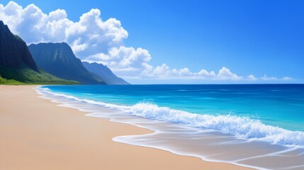 Panoramic Na Pali Coast Beach Scene - Serene beach, turquoise water, dramatic cliffs, fluffy clouds, idyllic escape.  Symbolising peace, tranquility, beauty, adventure, paradise.