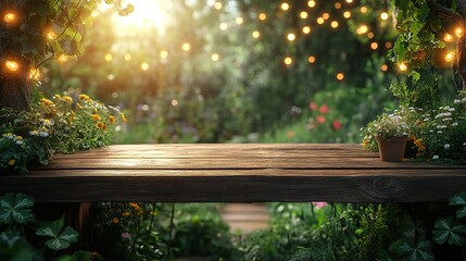 An empty wooden table against a defocused garden with green hues and festive lights evokes the spirit of Saint Patrick's Day.