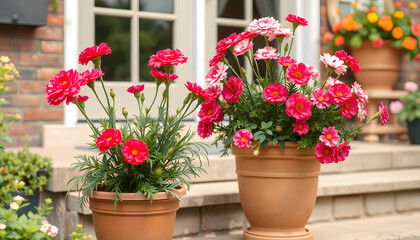 Fototapeta premium Garden carnations in a flowerpot on the steps of the house, leisure activity and calm lifestyle concept, vector style. with white shades