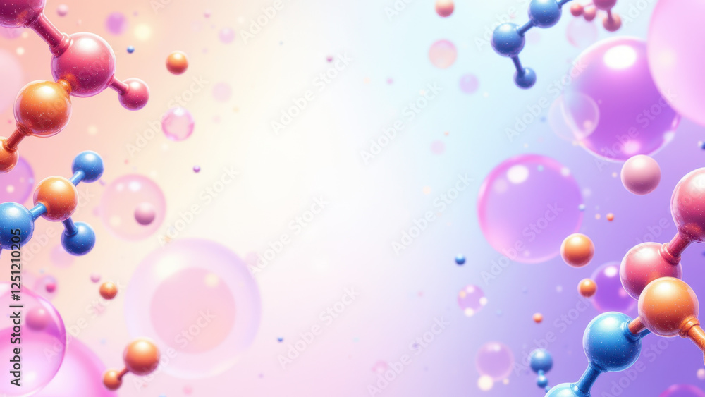 Poster an artistic digital illustration featuring colorful molecular structures with a background transitio