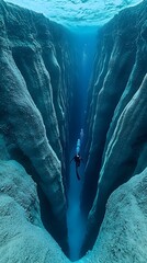 Diver Exploring the Depths of an Underwater Cliff Chasm in the Mysterious Blue Sea