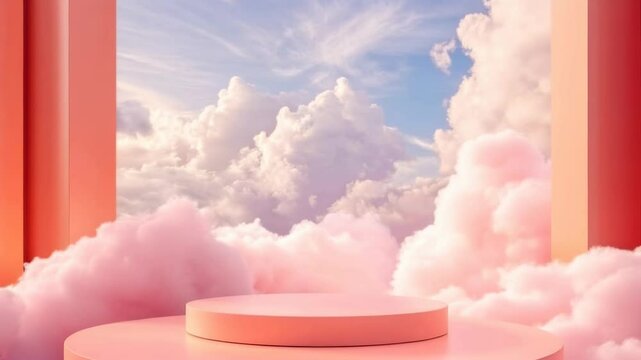 Pink cloud filled sky with a pink archway in the background. The archway is a pink structure that is in the middle of the sky