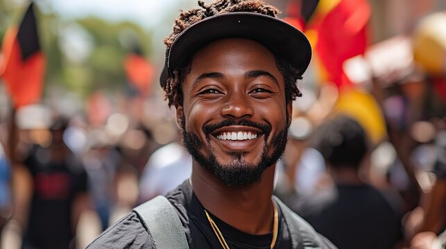 An energetic man smiles broadly with friends waving flags at a Juneteenth parade, capturing freedom and unity.