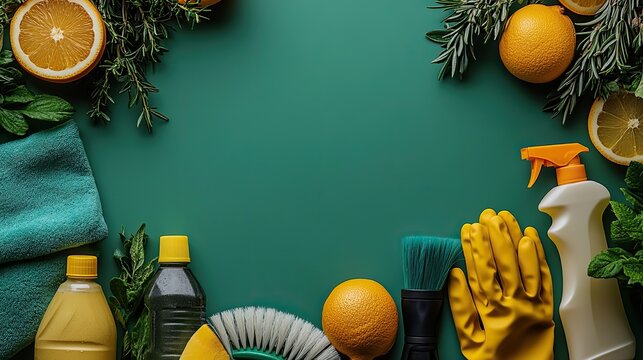 An exemplary cleanliness theme cleaning supplies, including detergent bottles, a dust cloth, rubber gloves, and a brush, arranged on a soft green background, leaving a frame for your message.