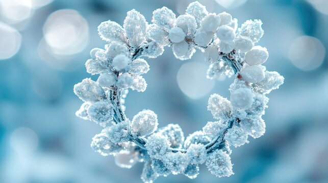 Snowy floral wreath outdoors with bokeh winter background, holiday decor
