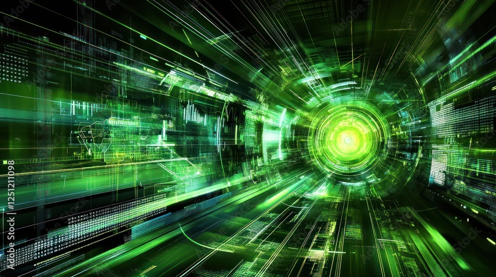 Poster abstract green digital tunnel data stream visualization