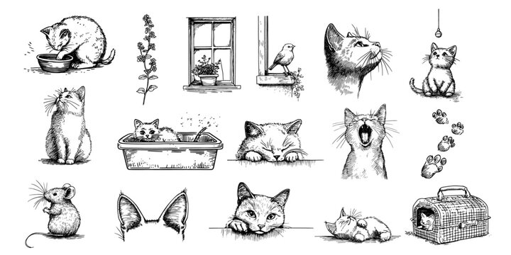 cat illustrations collection black vector decorative sketch for engraving