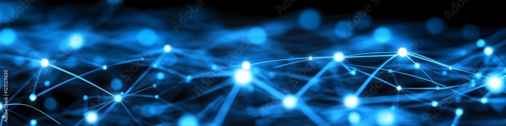 Poster abstract digital web network of interconnected blue lines and light nodes on a dark background