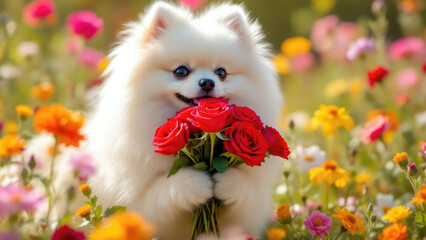Fluffy pomeranian holding red roses in a colorful flower meadow. The 14th of February. Happy Valentine's Day