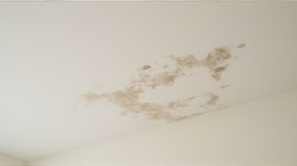 A ceiling displaying water damage and mold, marked by discoloration and peeling paint.
