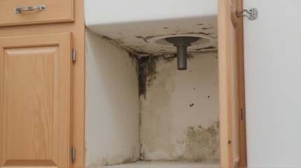 A damp, moldy area beneath a kitchen sink, showing water damage and signs of neglect.