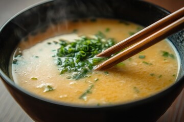 Chopsticks gently stirring a bowl of miso soup cozy kitchen food photography warm environment close-up view culinary artistry