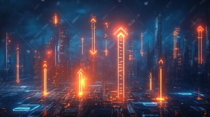 Futuristic Cyberpunk Cityscape Illustration with Upward Growth Arrows and Circuit Technology on Dark Blue Background