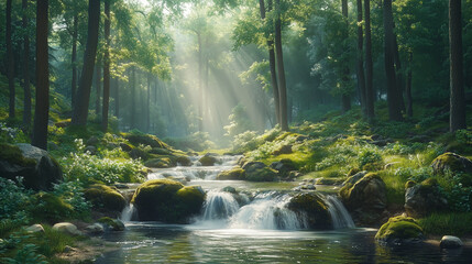 Obraz premium a peaceful forest scene with a crystal-clear stream flowing between moss-covered rocks, surrounded by towering trees and softly illuminated by gentle morning light