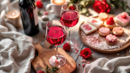 Romantic valentine's setting with red wine and desserts on wooden table. The 14th of February. Happy Valentine's Day