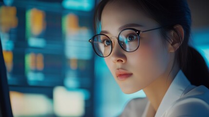 In Big Diverse Corporate Office: Portrait of Beautiful Asian Manager Using Desktop Computer, Businesswoman Managing Company Operations, Analysing Statistics, Commerce Data, Marketing Plans.