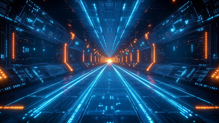 futuristic corridor with glowing blue and orange lights, creating high tech atmosphere. perspective draws viewer into digital world, evoking sense of speed and innovation