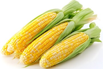 Freshly Harvested Corn Cobs in Bunch on White Background