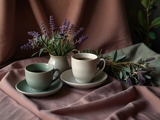 Elegant Flat Lay with Blank Paper, Soft Textured Fabrics, Botanical Elements, and a Cozy Coffee Ambiance