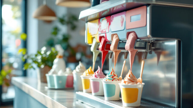 Colorful soft serve ice cream machine dispensing flavors into cups in a modern cafe setting