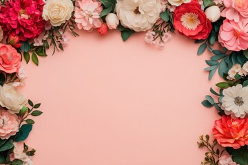 A vibrant arrangement of colorful flowers framing a soft pink background, perfect for spring themes and nature designs.